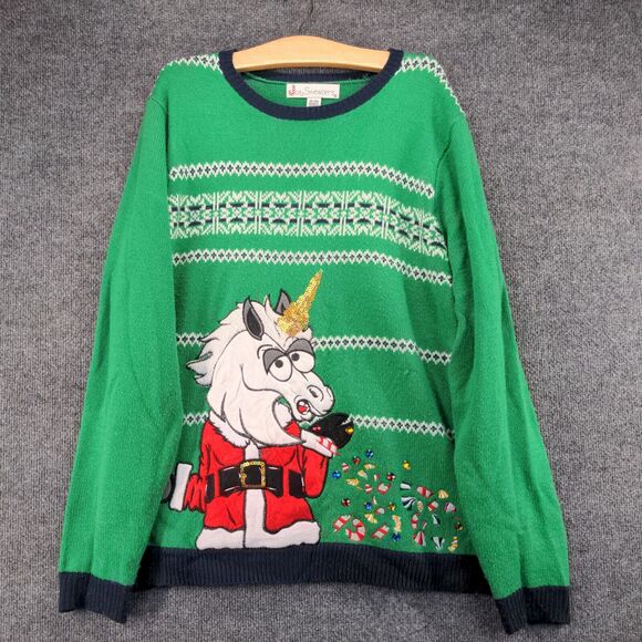 Jolly Sweaters Ugly Christmas Sweater Unicorn Santa Mens SZ XL Green Embroidered - Picture 2 of 13